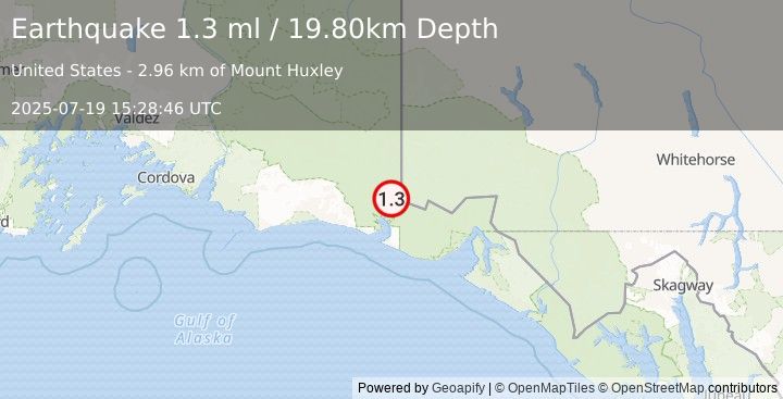 Earthquake 119 km NW of Yakutat, Alaska (1.3 ml) (2025-07-19 15:28:46 UTC)