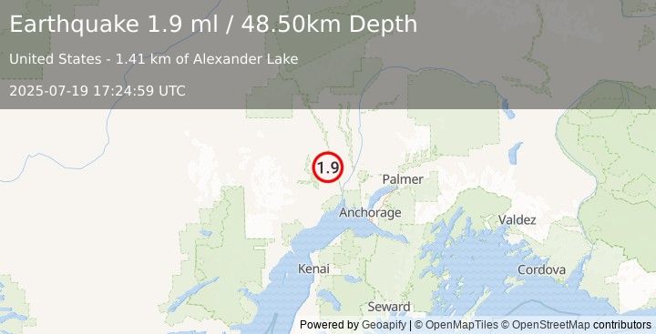 Earthquake 30 km NW of Susitna, Alaska (1.9 ml) (2025-07-19 17:24:59 UTC)