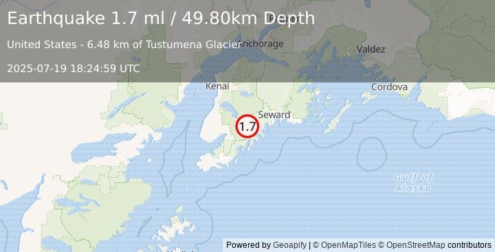 Earthquake 37 km E of Fox River, Alaska (1.7 ml) (2025-07-19 18:24:59 UTC)