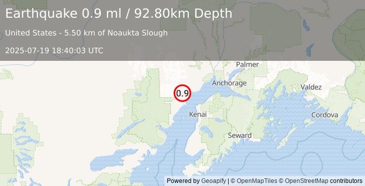Earthquake 43 km W of Tyonek, Alaska (0.9 ml) (2025-07-19 18:40:03 UTC)