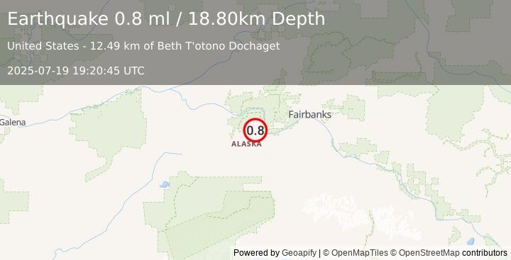 Earthquake 13 km WNW of Four Mile Road, Alaska (0.8 ml) (2025-07-19 19:20:45 UTC)