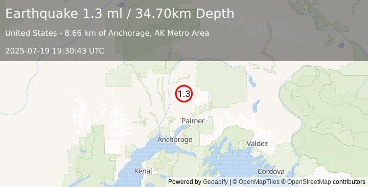 Earthquake 18 km E of Susitna North, Alaska (1.3 ml) (2025-07-19 19:30:43 UTC)