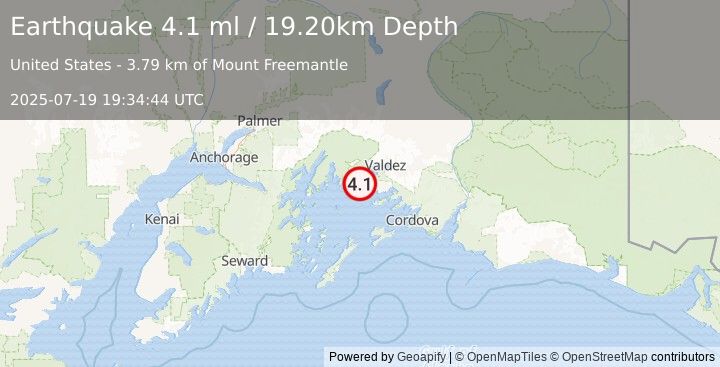 Earthquake 14 km WNW of Tatitlek, Alaska (4.1 ml) (2025-07-19 19:34:44 UTC)