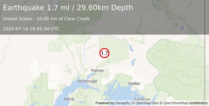 Earthquake 48 km N of Chickaloon, Alaska (1.7 ml) (2025-07-19 19:45:34 UTC)
