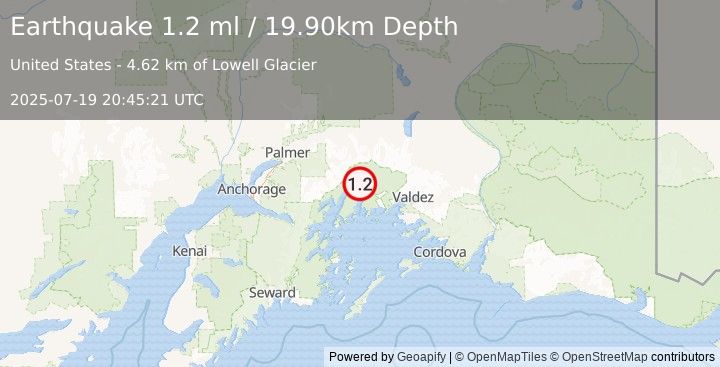 Earthquake 60 km S of Glacier View, Alaska (1.2 ml) (2025-07-19 20:45:21 UTC)