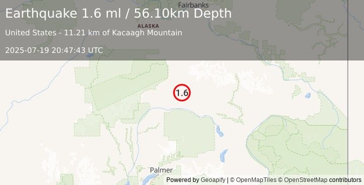 Earthquake 45 km SE of Cantwell, Alaska (1.6 ml) (2025-07-19 20:47:43 UTC)