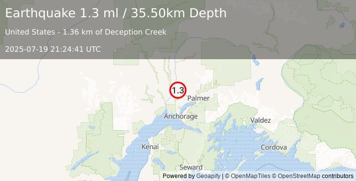 Earthquake 1 km NE of Willow, Alaska (1.3 ml) (2025-07-19 21:24:41 UTC)