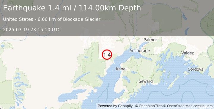 Earthquake 63 km W of Tyonek, Alaska (1.4 ml) (2025-07-19 23:15:10 UTC)