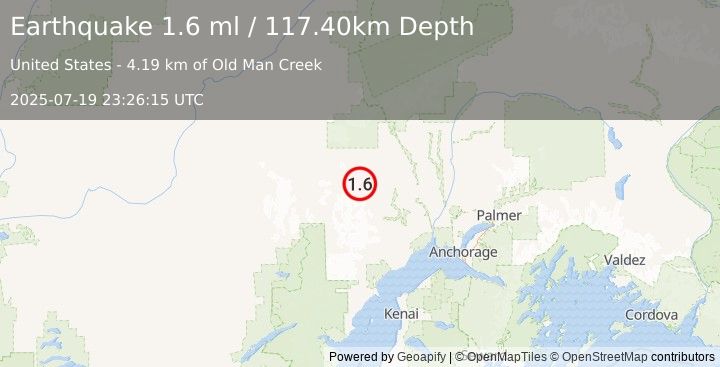 Earthquake 40 km W of Skwentna, Alaska (1.6 ml) (2025-07-19 23:26:15 UTC)