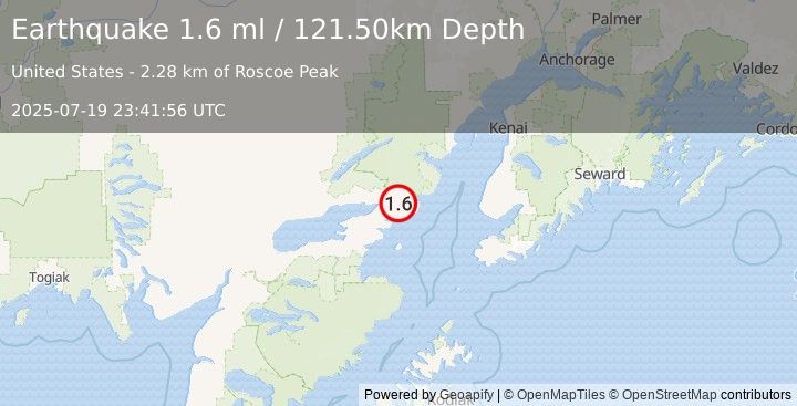 Earthquake 37 km E of Pedro Bay, Alaska (1.6 ml) (2025-07-19 23:41:56 UTC)