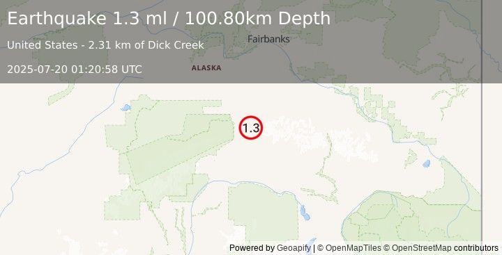 Earthquake 34 km ESE of Denali Park, Alaska (1.3 ml) (2025-07-20 01:20:58 UTC)