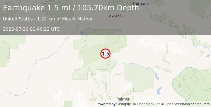 Earthquake 76 km ESE of Denali National Park, Alaska (1.5 ml) (2025-07-20 01:40:22 UTC)