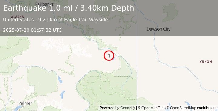 Earthquake 15 km S of Tok, Alaska (1.0 ml) (2025-07-20 01:57:32 UTC)