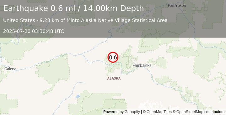 Earthquake 20 km WSW of Minto, Alaska (0.6 ml) (2025-07-20 03:30:48 UTC)