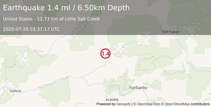 Earthquake 44 km N of Rampart, Alaska (1.4 ml) (2025-07-20 03:37:17 UTC)