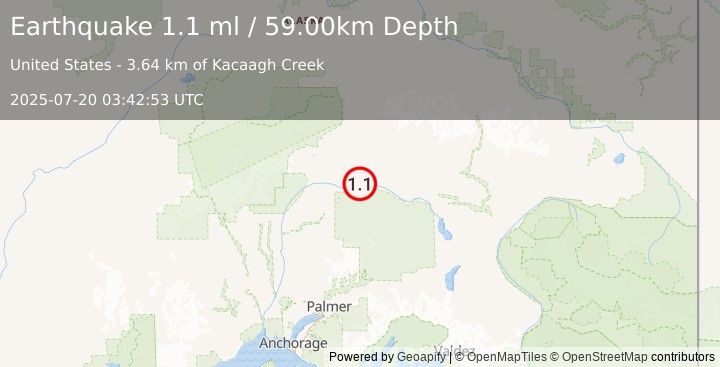 Earthquake 65 km SSE of Cantwell, Alaska (1.1 ml) (2025-07-20 03:42:53 UTC)