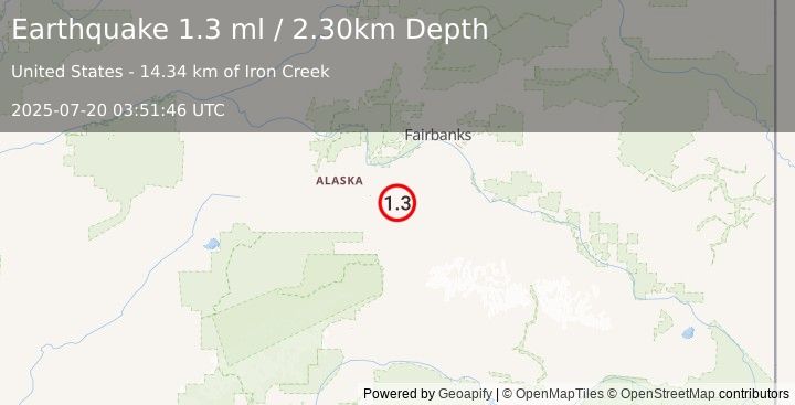 Earthquake 32 km E of Clear, Alaska (1.3 ml) (2025-07-20 03:51:46 UTC)