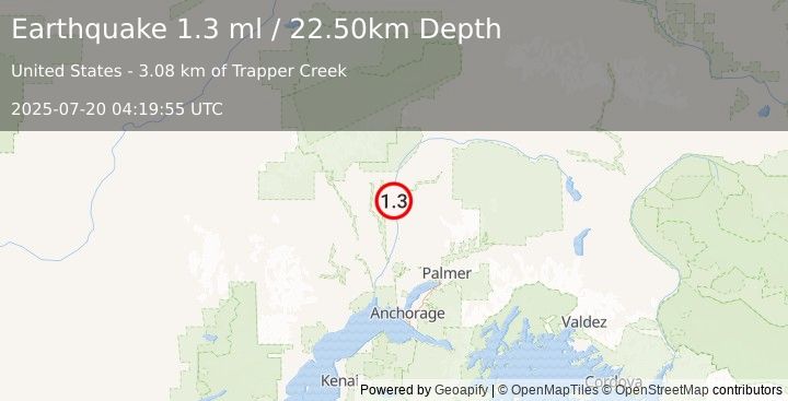 Earthquake 4 km SE of Trapper Creek, Alaska (1.3 ml) (2025-07-20 04:19:55 UTC)