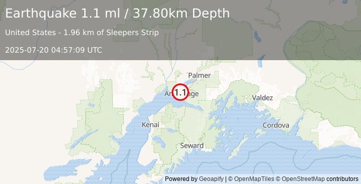 Earthquake 3 km NNW of Anchorage, Alaska (1.1 ml) (2025-07-20 04:57:09 UTC)