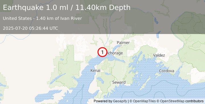 Earthquake 23 km ENE of Beluga, Alaska (1.0 ml) (2025-07-20 05:26:44 UTC)