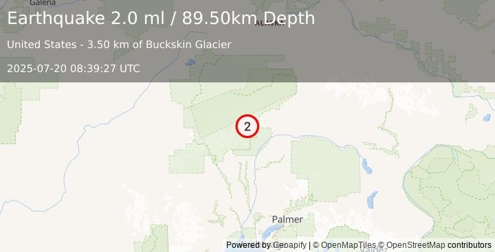 Earthquake 57 km NNE of Petersville, Alaska (2.0 ml) (2025-07-20 08:39:27 UTC)