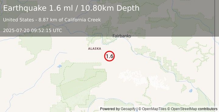 Earthquake 28 km E of Clear, Alaska (1.6 ml) (2025-07-20 09:52:15 UTC)