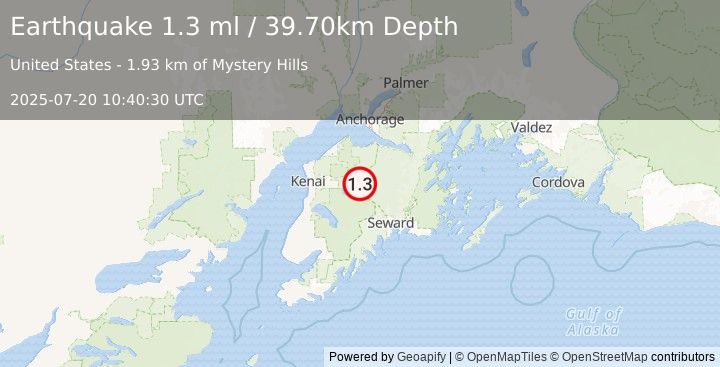 Earthquake 16 km WNW of Cooper Landing, Alaska (1.3 ml) (2025-07-20 10:40:30 UTC)