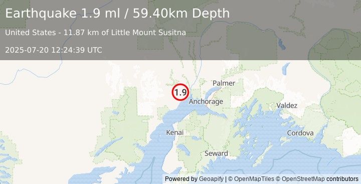 Earthquake 30 km N of Beluga, Alaska (1.9 ml) (2025-07-20 12:24:39 UTC)