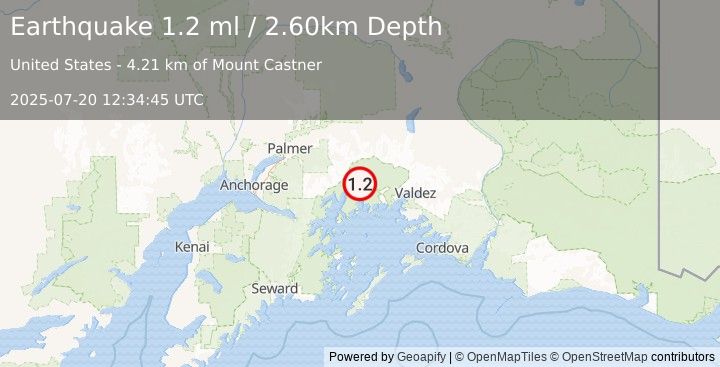 Earthquake 62 km NW of Tatitlek, Alaska (1.2 ml) (2025-07-20 12:34:45 UTC)