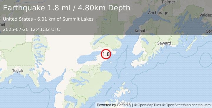 Earthquake 21 km ESE of Pedro Bay, Alaska (1.8 ml) (2025-07-20 12:41:32 UTC)