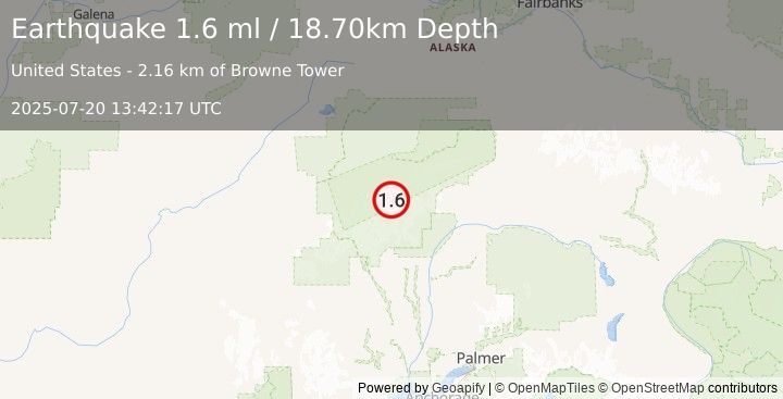 Earthquake 65 km SE of Denali National Park, Alaska (1.6 ml) (2025-07-20 13:42:17 UTC)