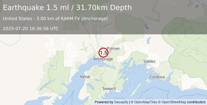 Earthquake 7 km W of Knik, Alaska (1.5 ml) (2025-07-20 16:36:56 UTC)