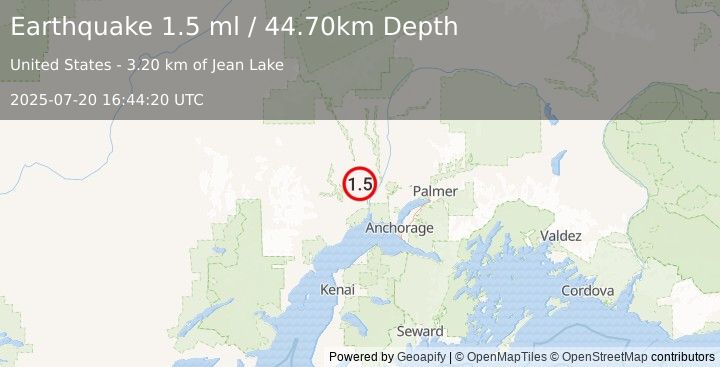 Earthquake 19 km NW of Susitna, Alaska (1.5 ml) (2025-07-20 16:44:20 UTC)