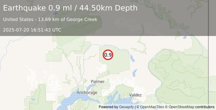 Earthquake 79 km N of Chickaloon, Alaska (0.9 ml) (2025-07-20 16:51:43 UTC)