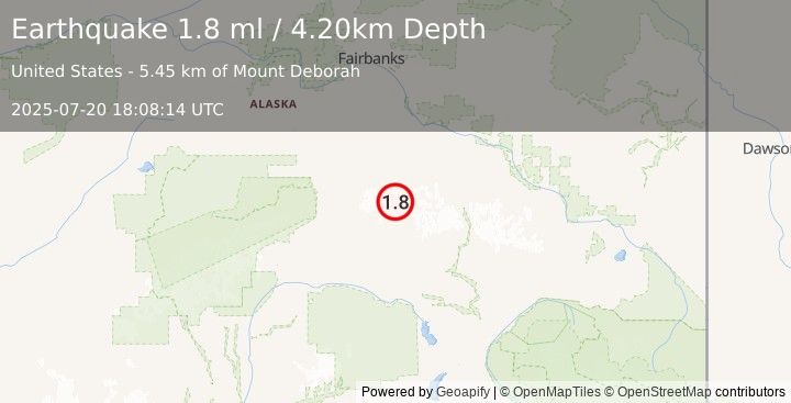 Earthquake 84 km ESE of Denali Park, Alaska (1.8 ml) (2025-07-20 18:08:14 UTC)