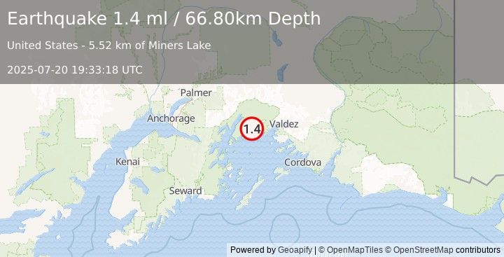 Earthquake 42 km WNW of Tatitlek, Alaska (1.4 ml) (2025-07-20 19:33:18 UTC)