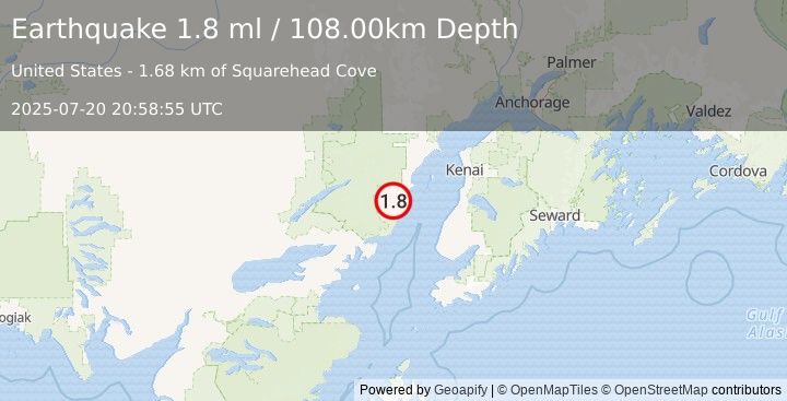 Earthquake 60 km WNW of Ninilchik, Alaska (1.8 ml) (2025-07-20 20:58:55 UTC)