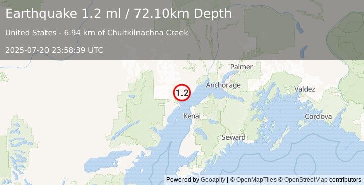 Earthquake 29 km W of Tyonek, Alaska (1.2 ml) (2025-07-20 23:58:39 UTC)