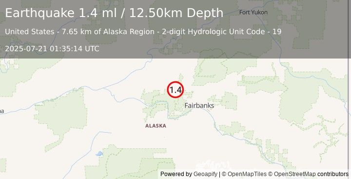 Earthquake 26 km E of Minto, Alaska (1.4 ml) (2025-07-21 01:35:14 UTC)