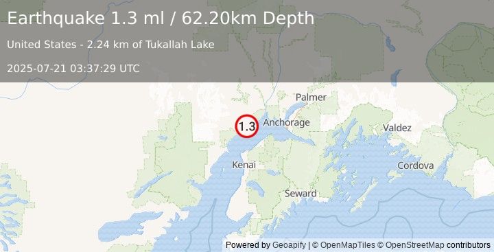 Earthquake 4 km WNW of Beluga, Alaska (1.3 ml) (2025-07-21 03:37:29 UTC)