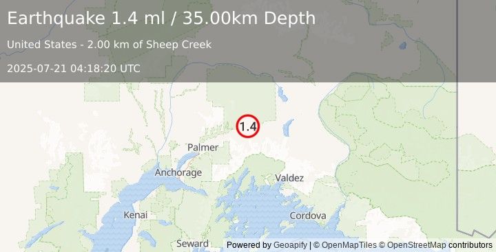 Earthquake 12 km N of Glacier View, Alaska (1.4 ml) (2025-07-21 04:18:20 UTC)