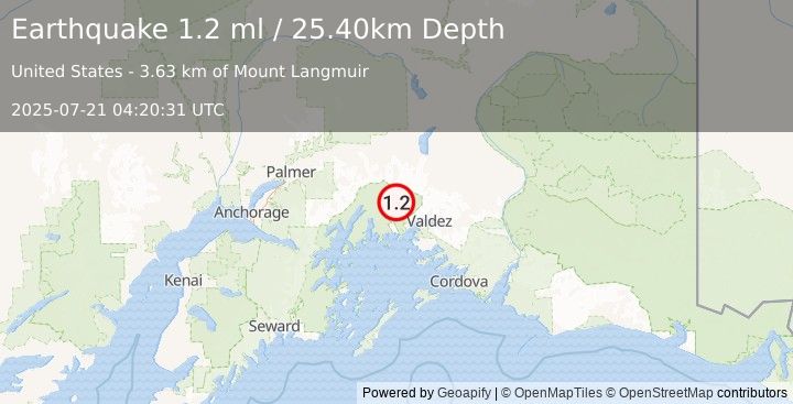 Earthquake 40 km WNW of Valdez, Alaska (1.2 ml) (2025-07-21 04:20:31 UTC)