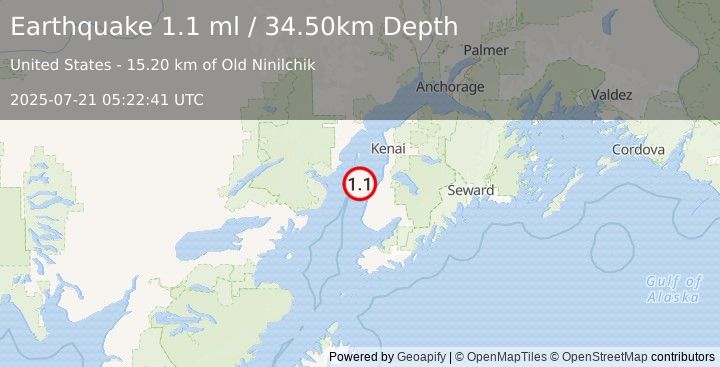 Earthquake 17 km NW of Ninilchik, Alaska (1.1 ml) (2025-07-21 05:22:41 UTC)