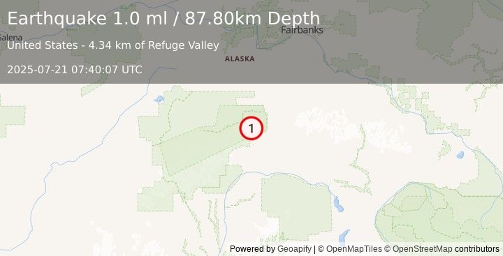 Earthquake 20 km WNW of Cantwell, Alaska (1.0 ml) (2025-07-21 07:40:07 UTC)
