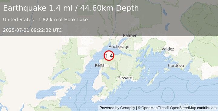 Earthquake 4 km SE of Point Possession, Alaska (1.4 ml) (2025-07-21 09:22:32 UTC)