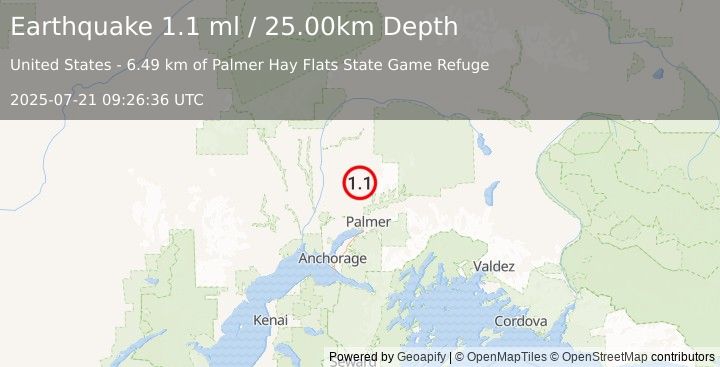 Earthquake 27 km N of Fishhook, Alaska (1.1 ml) (2025-07-21 09:26:36 UTC)