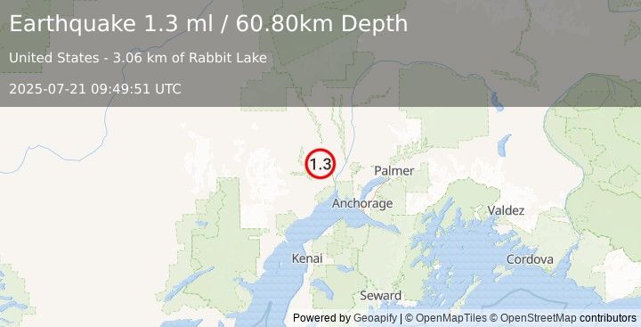 Earthquake 26 km NW of Susitna, Alaska (1.3 ml) (2025-07-21 09:49:51 UTC)