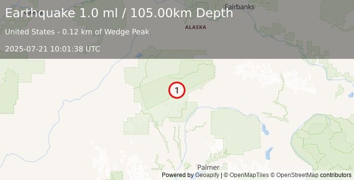 Earthquake 71 km ESE of Denali National Park, Alaska (1.0 ml) (2025-07-21 10:01:38 UTC)