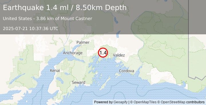 Earthquake 62 km NW of Tatitlek, Alaska (1.4 ml) (2025-07-21 10:37:36 UTC)