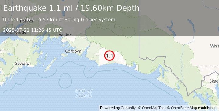 Earthquake 117 km S of McCarthy, Alaska (1.1 ml) (2025-07-21 11:26:45 UTC)